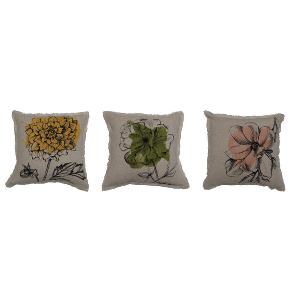 Linen Blend Printed Pillow with Frayed Edge
